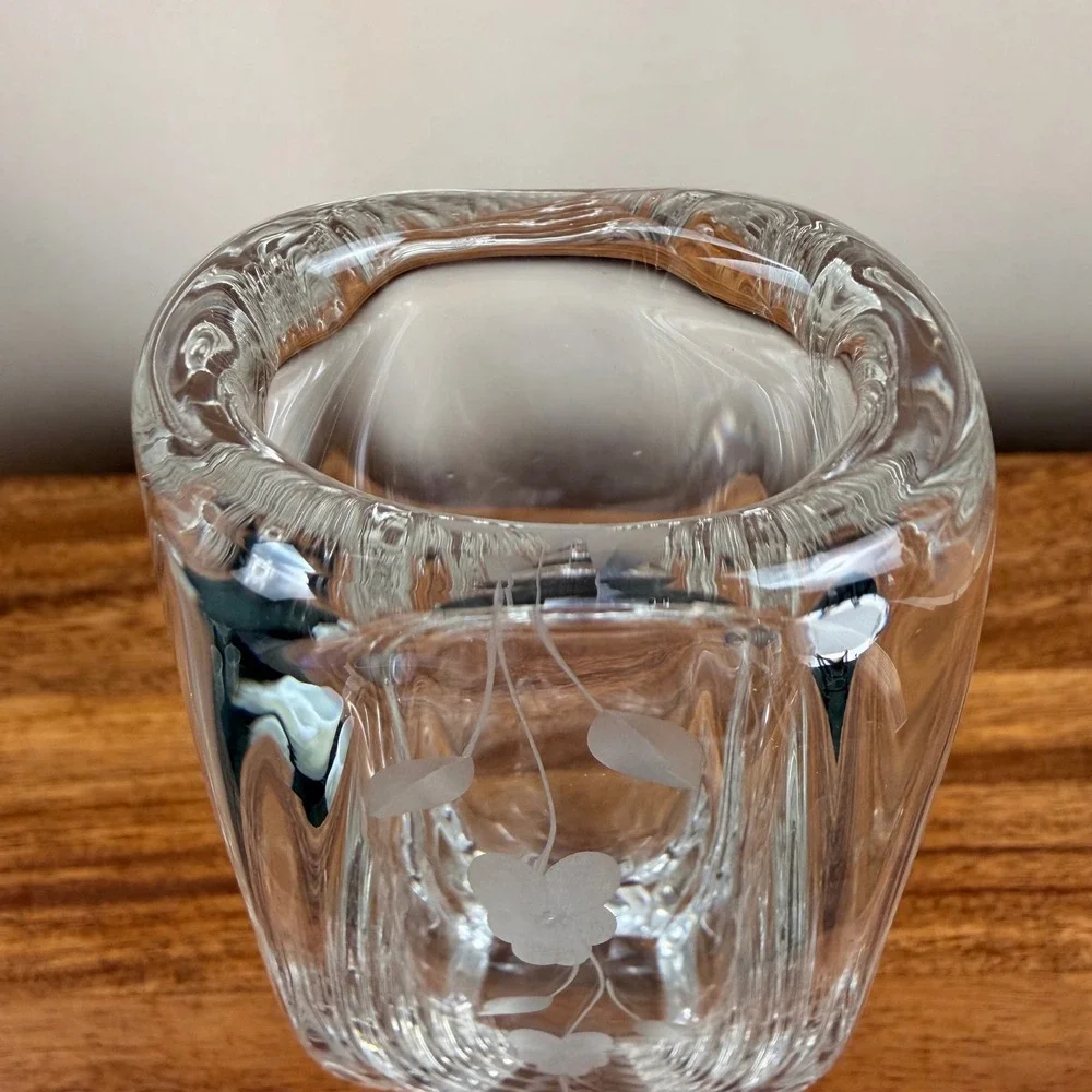 Johansfors Glasbruk Swedish Art Glass Vase Etched Floral Clear Crystal MCM 8.25